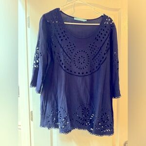 Navy Blue Boho Solitaire Swim Eyelet Coverup Tunic Sz L
